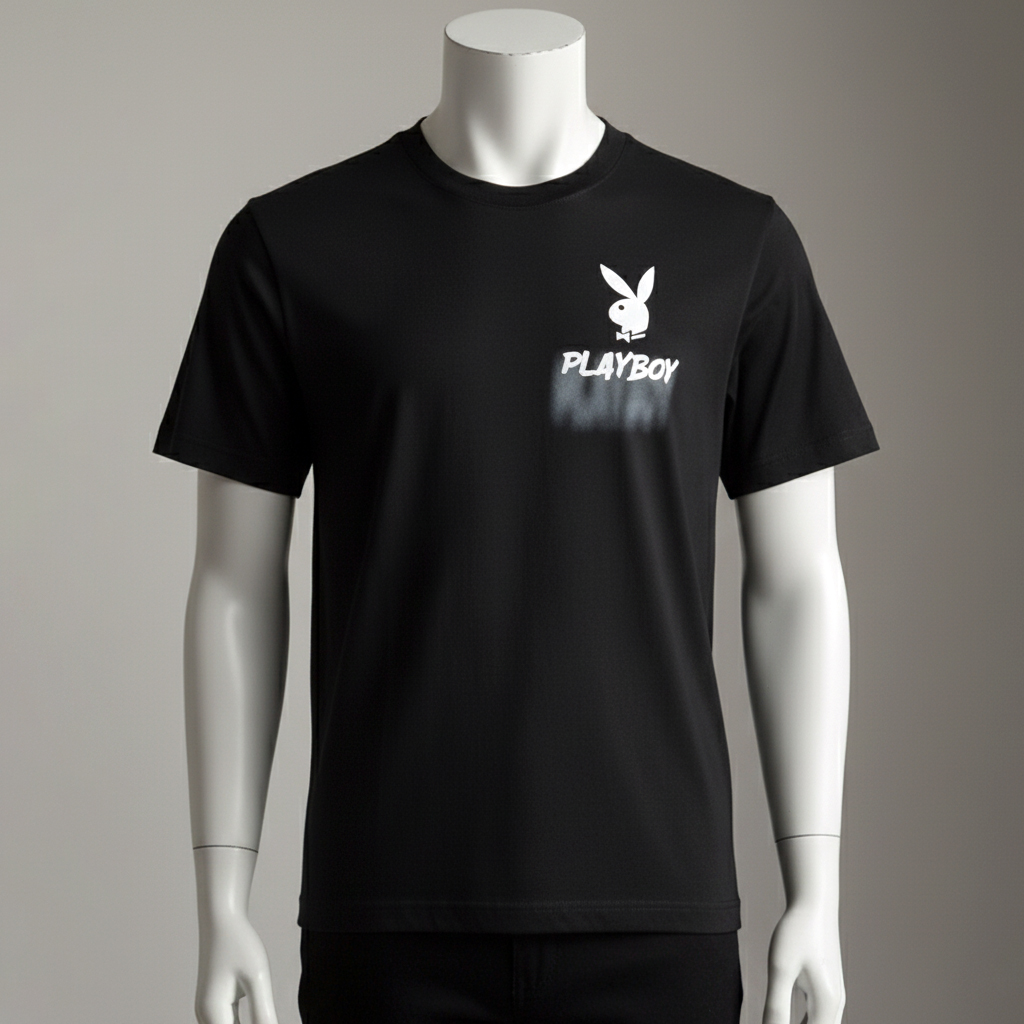 เสื้อยืดคอกลม สีดำ โลโก้กระต่าย PLAYBOY สีขาวที่อกซ้าย