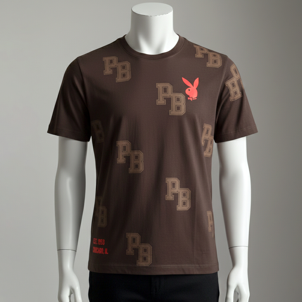 เสื้อยืดคอกลม สีน้ำตาล ลายโมโนแกรม PB ทั้งตัว พร้อมโลโก้กระต่ายเล็กสีแดง