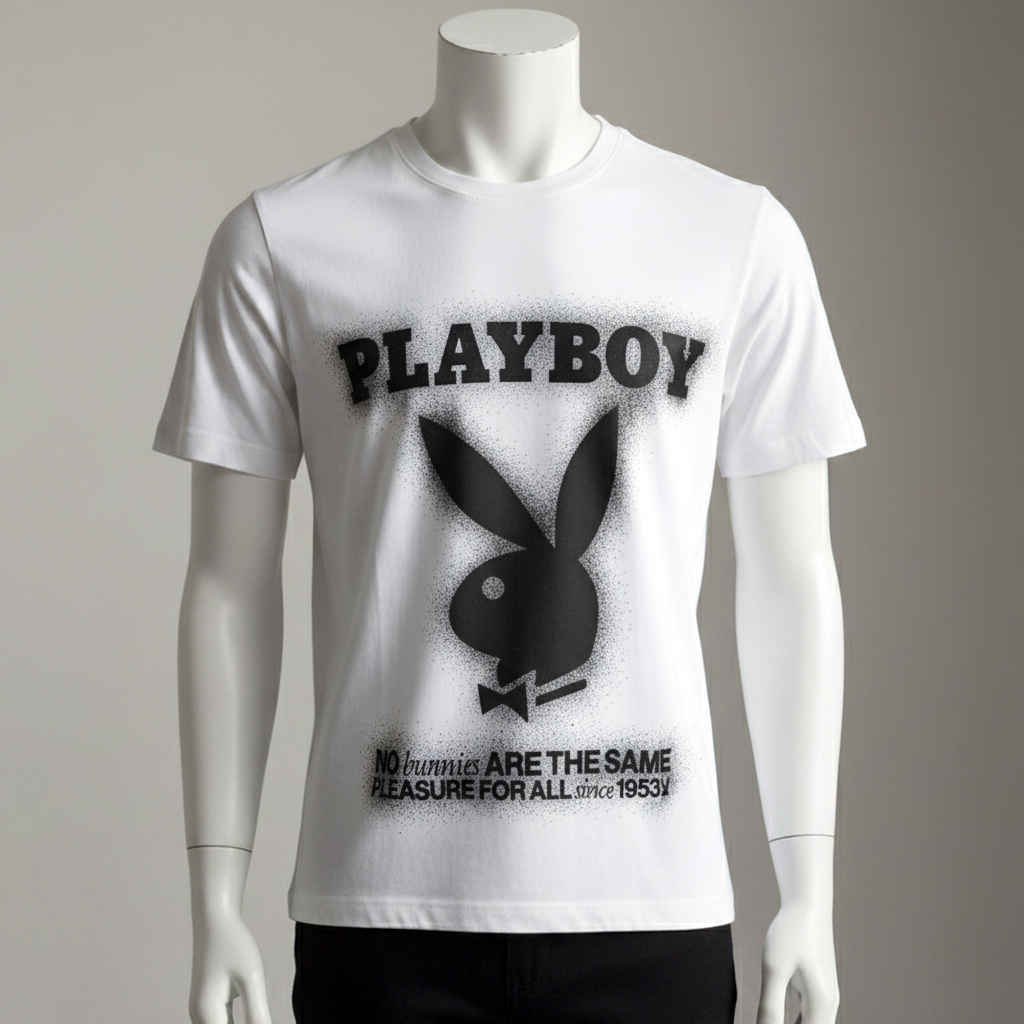เสื้อยืดคอกลม สีขาว พิมพ์ตัวหนังสือ PLAYBOY และโลโก้กระต่ายสีดำขนาดใหญ่