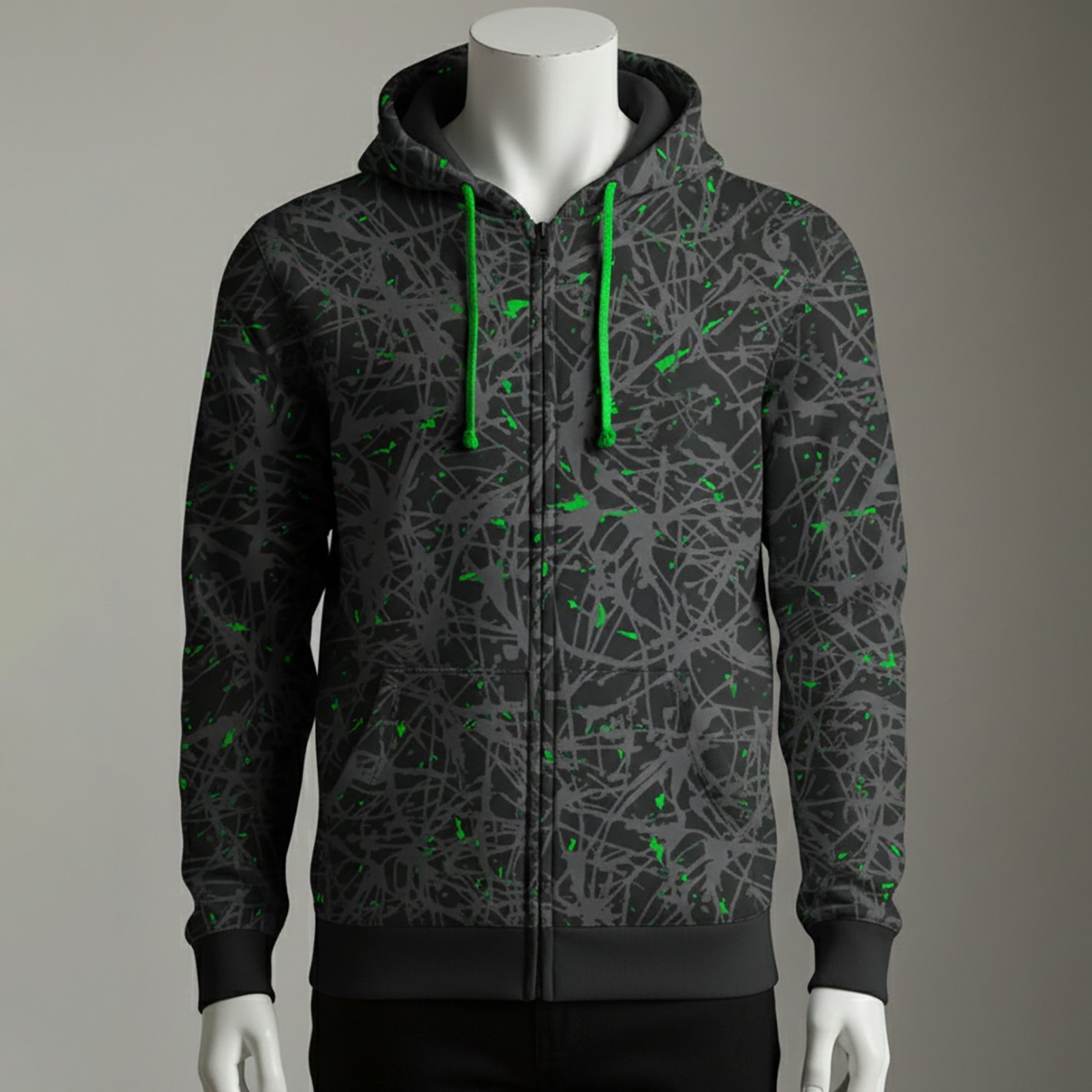 ฮูดดี้ลาย เทาเข้ม พร้อมเชือกสีเขียว กระเป๋าหน้าด้านเดียว