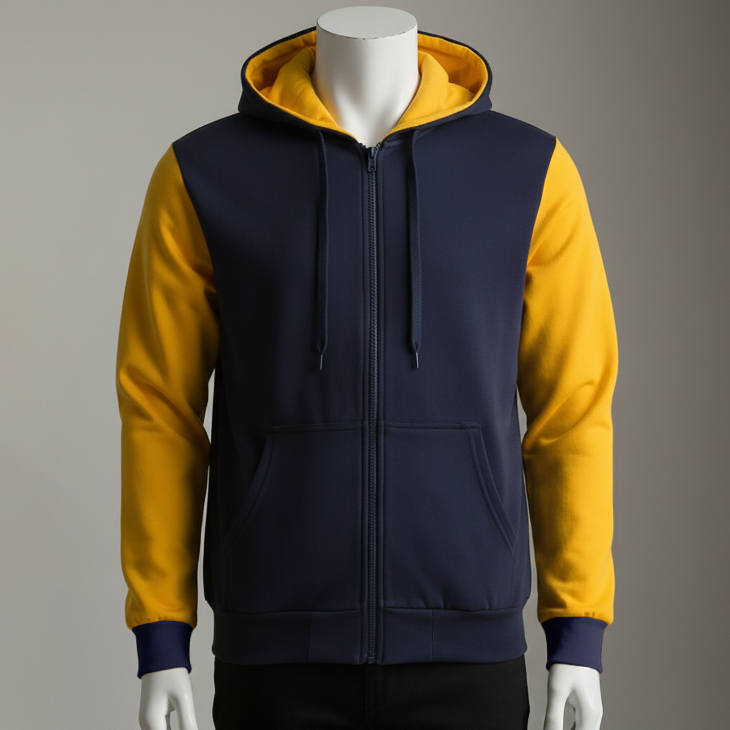 ฮูดดี้ซิปหน้า ตัดต่อสีน้ำเงินกรม-เหลือง แขนตัดสี