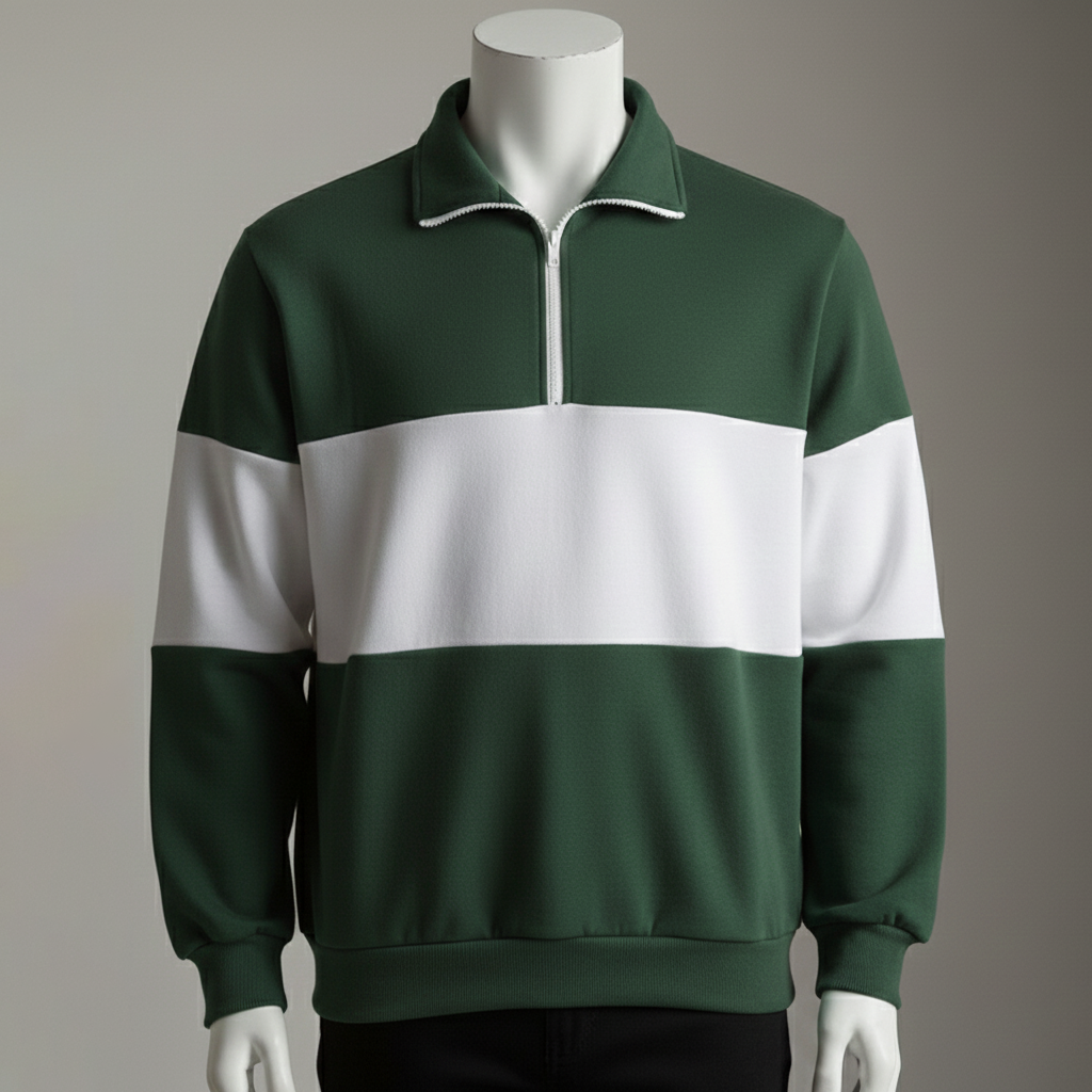 เสื้อคอซิปสั้น เขียวตัดขาว แถบกว้างสไตล์รักบี้