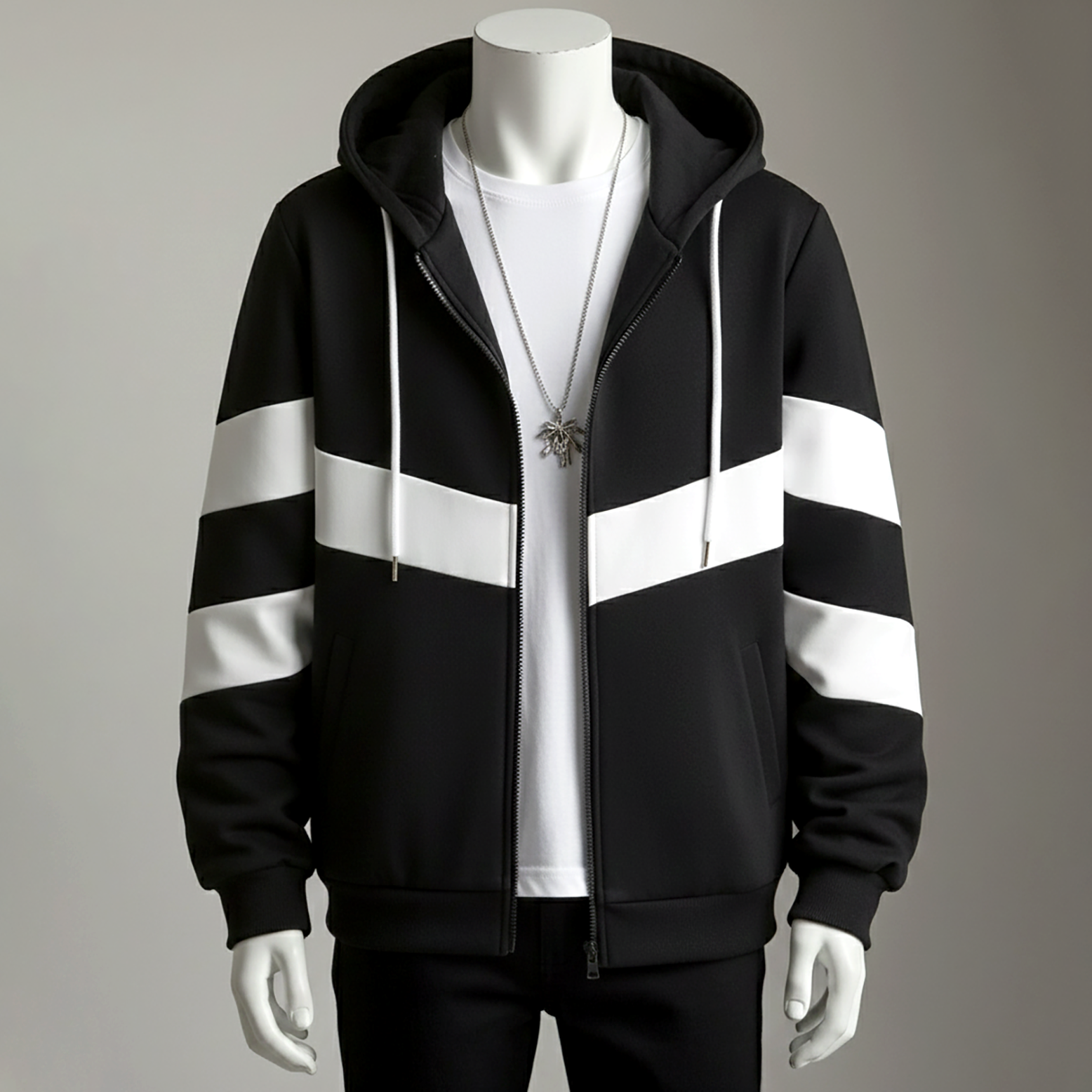 ฮูดดี้แจ็กเก็ตสีดำ ซิปหน้า แถบสีขาวบริเวณแขนทั้งสองข้าง