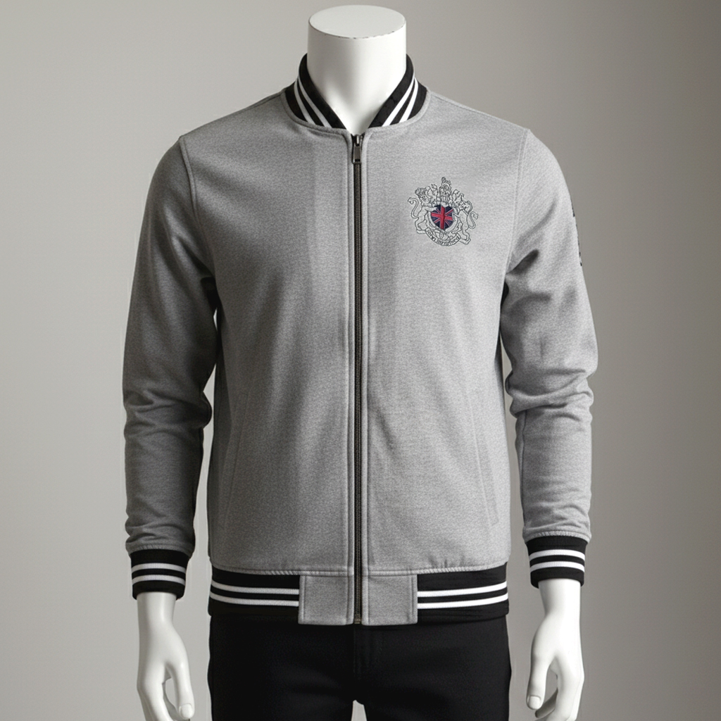 แจ็กเก็ตบอมเบอร์สีเทา ริบคอ/ปลายแขนลายขาวดำ โลโก้ที่อก