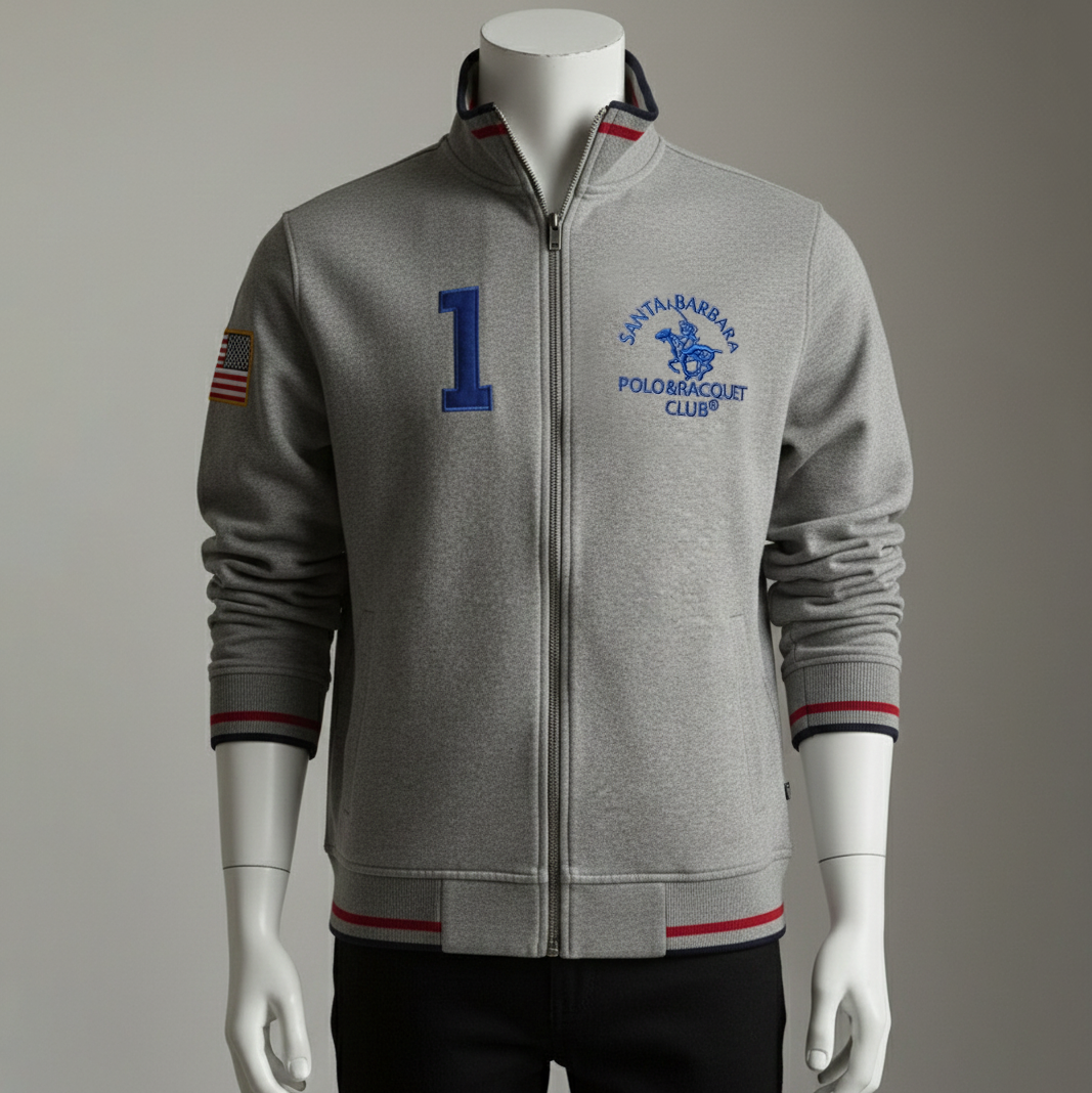 แจ็กเก็ตสีเทา ซิปหน้า เลข 1 สีน้ำเงิน ตรา Santa Barbara และแพตช์ธงสหรัฐที่แขน