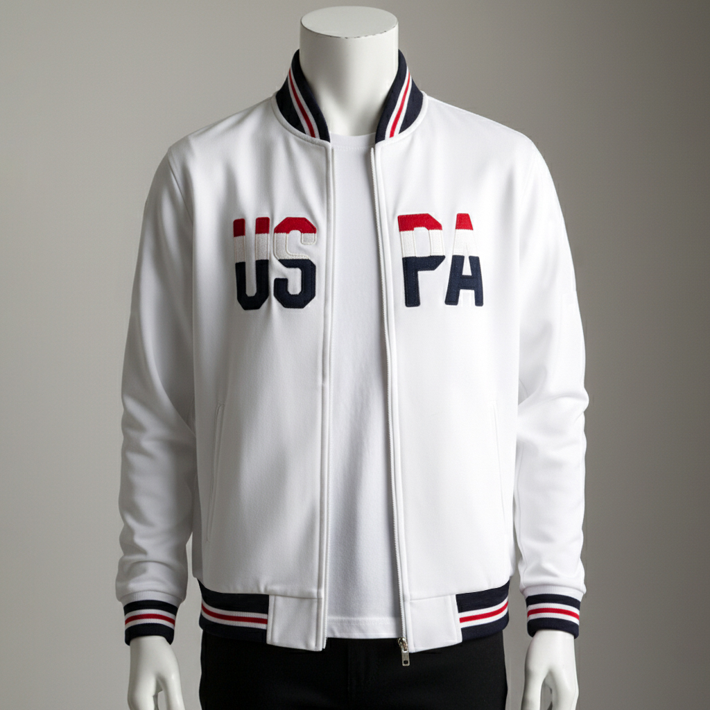 แจ็กเก็ตสีขาว ซิปหน้า พิมพ์อักษรขนาดใหญ่ด้านหน้า ปลายคอ/แขนตัดสี