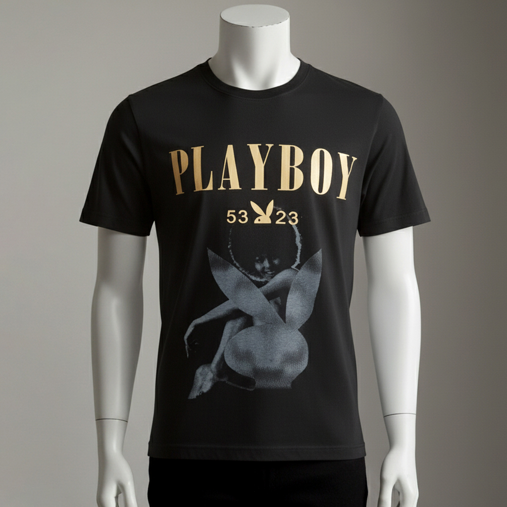 เสื้อยืดคอกลม สีดำ ตัวอักษร PLAYBOY ขนาดใหญ่ พร้อมกราฟิกกระต่ายโทนเทา