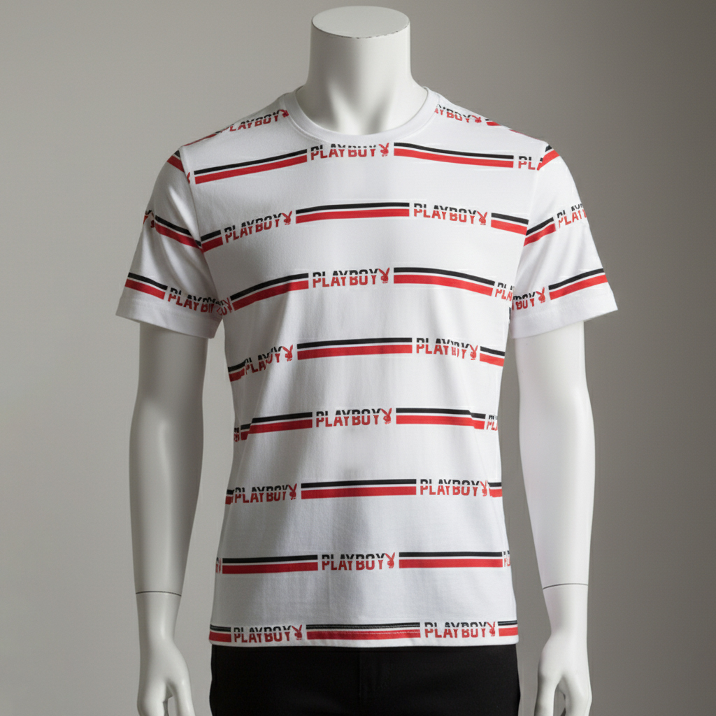 เสื้อยืดคอกลม สีขาว ลายแถบขวางแดง/เทา พร้อมคำว่า PLAYBOY ซ้ำทั้งตัว