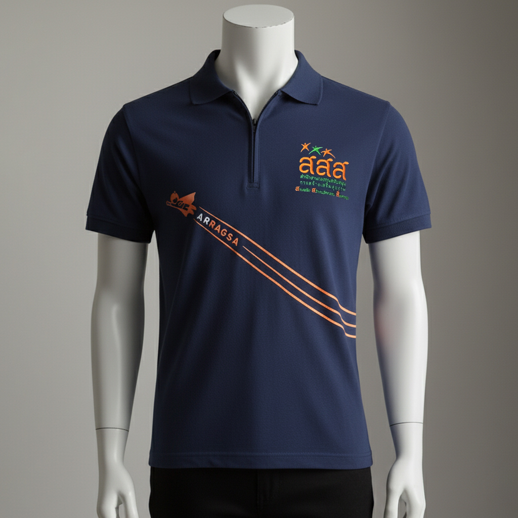 เสื้อโปโลสีน้ำเงิน กราฟิกลายเส้นเอียงด้านหน้า พร้อมงานปัก/พิมพ์โลโก้